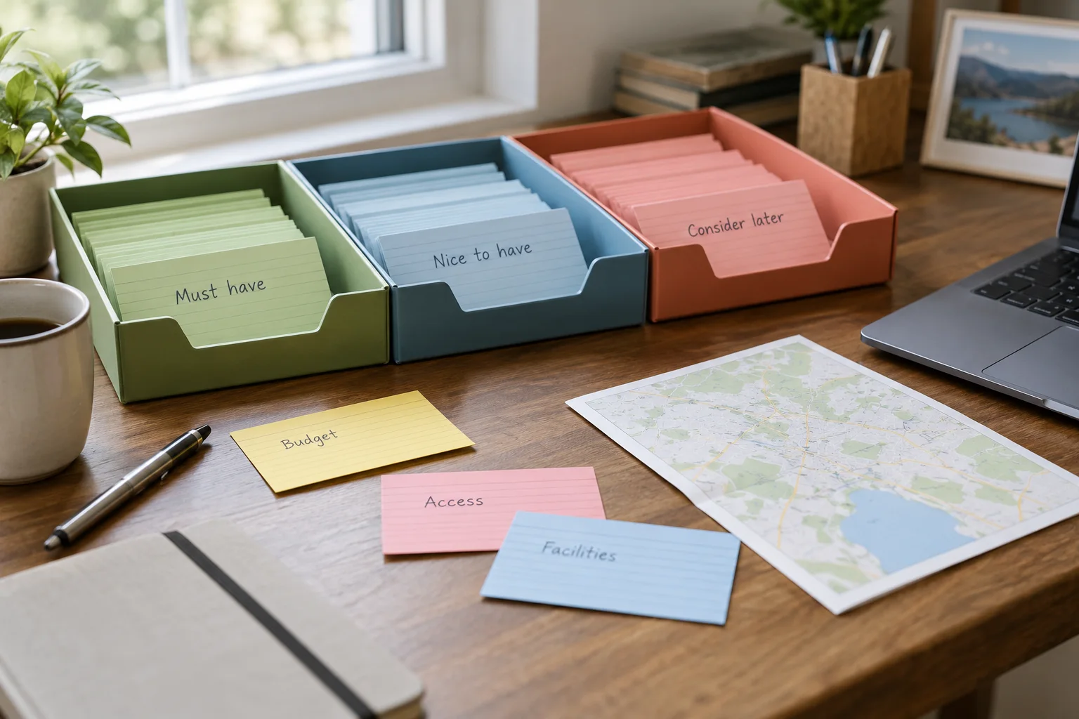 Coloured cards arranged in sorting trays on a desk