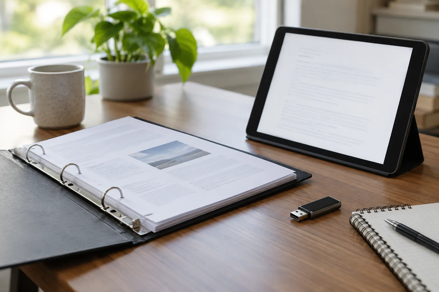 Printed binder, tablet and USB drive on a desk