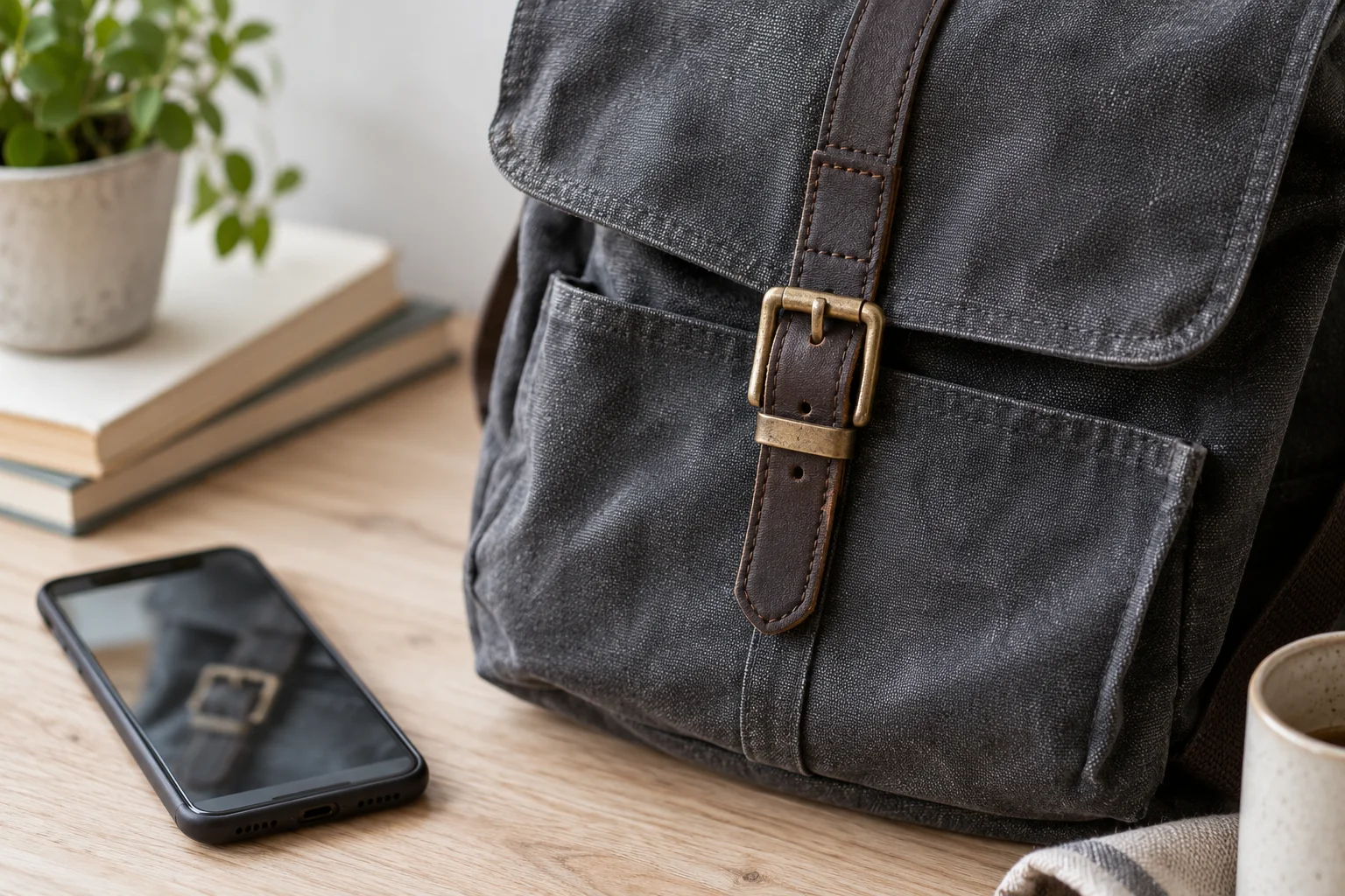 Canvas bag buckle and strap beside a phone
