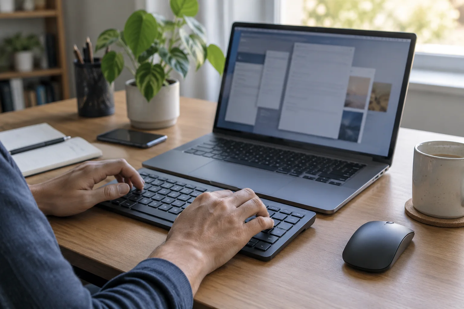 Hand op een toetsenbord voor een laptop met onscherpe panelen