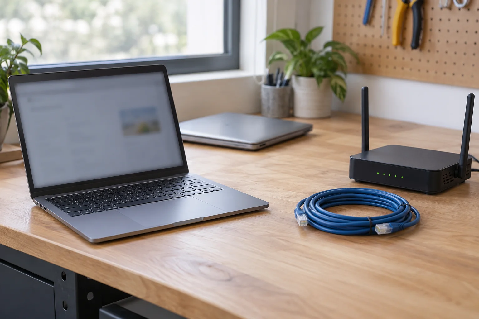 Laptop, netwerkkabel en kleine router op een bureau