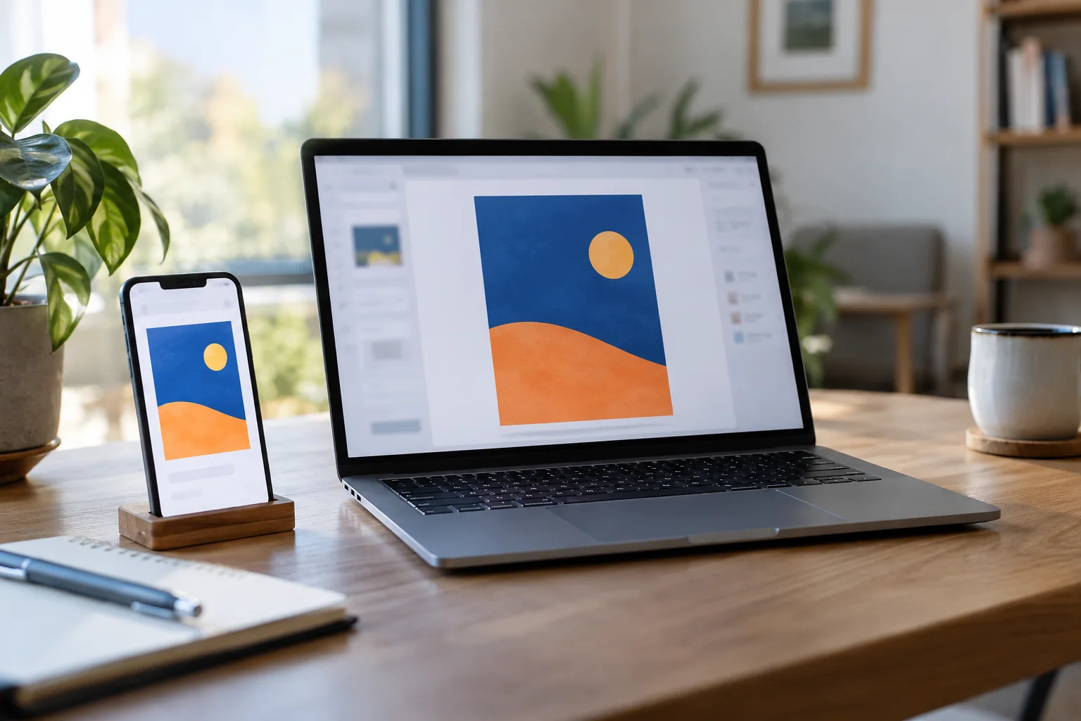 Téléphone et ordinateur montrant une même couverture abstraite