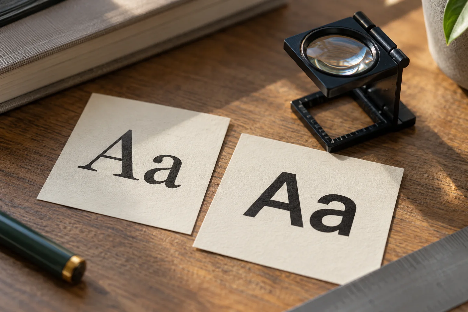 Serif and sans-serif letter specimens beside a loupe
