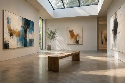 Tableaux et banc dans une galerie
