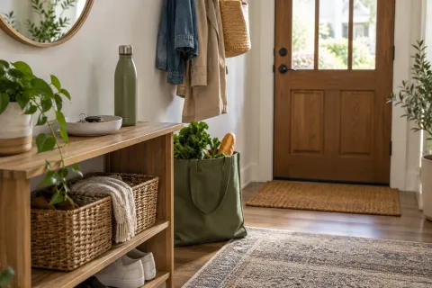Clés et sac de courses dans une entrée