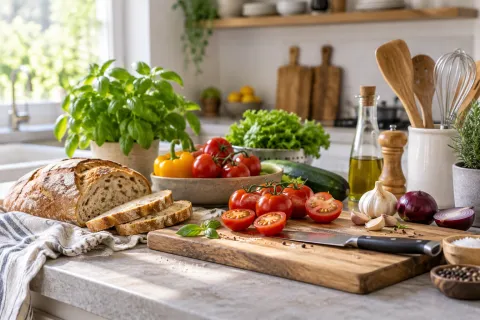 Légumes et ustensiles sur un plan de cuisine