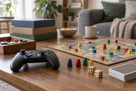 Manette et jeux de société sur une table