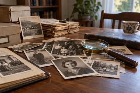 Photographies anciennes et dossiers sur une table