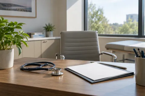 Stéthoscope et dossier dans une salle de consultation