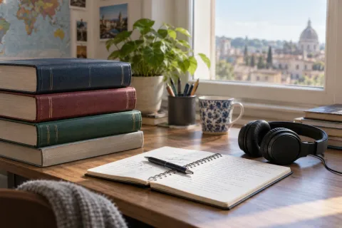 Dictionnaires et casque sur un bureau