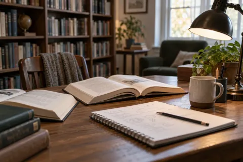 Livres et carnet dans un espace de lecture