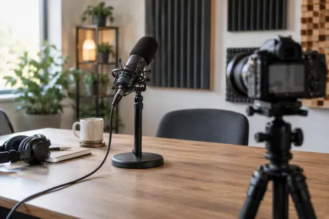 Microphone et appareil photo dans un studio
