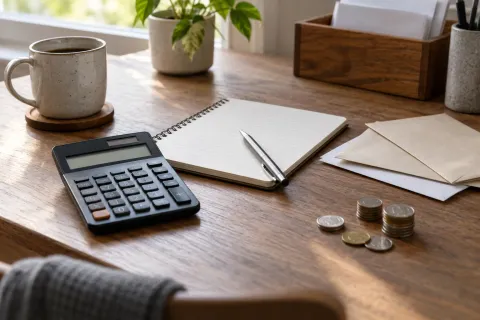 Calculatrice, carnet et enveloppes sur une table