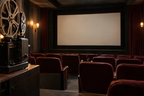 Projecteur et sièges dans une petite salle de cinéma
