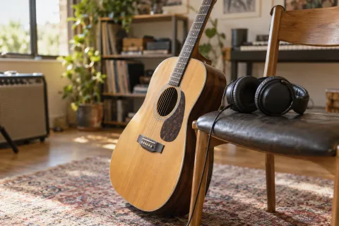 Guitare et casque dans un espace musical