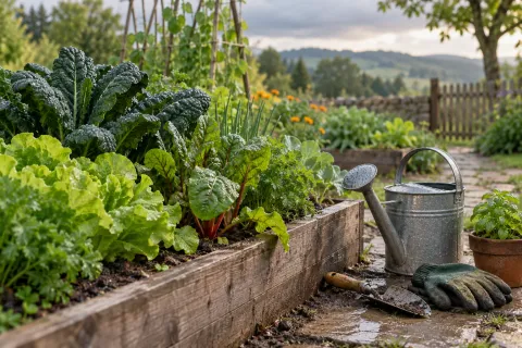 Arrosoir et plantes dans un potager