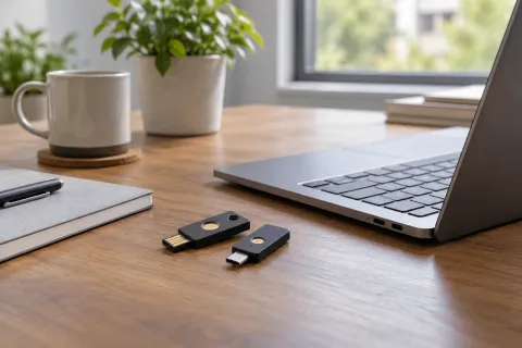 Clés de sécurité et ordinateur sur un bureau