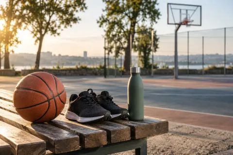 Ballon et chaussures près d’un terrain de sport