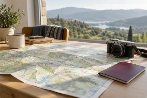 Carte et appareil photo sur une table