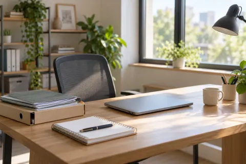 Ordinateur et dossiers sur un bureau