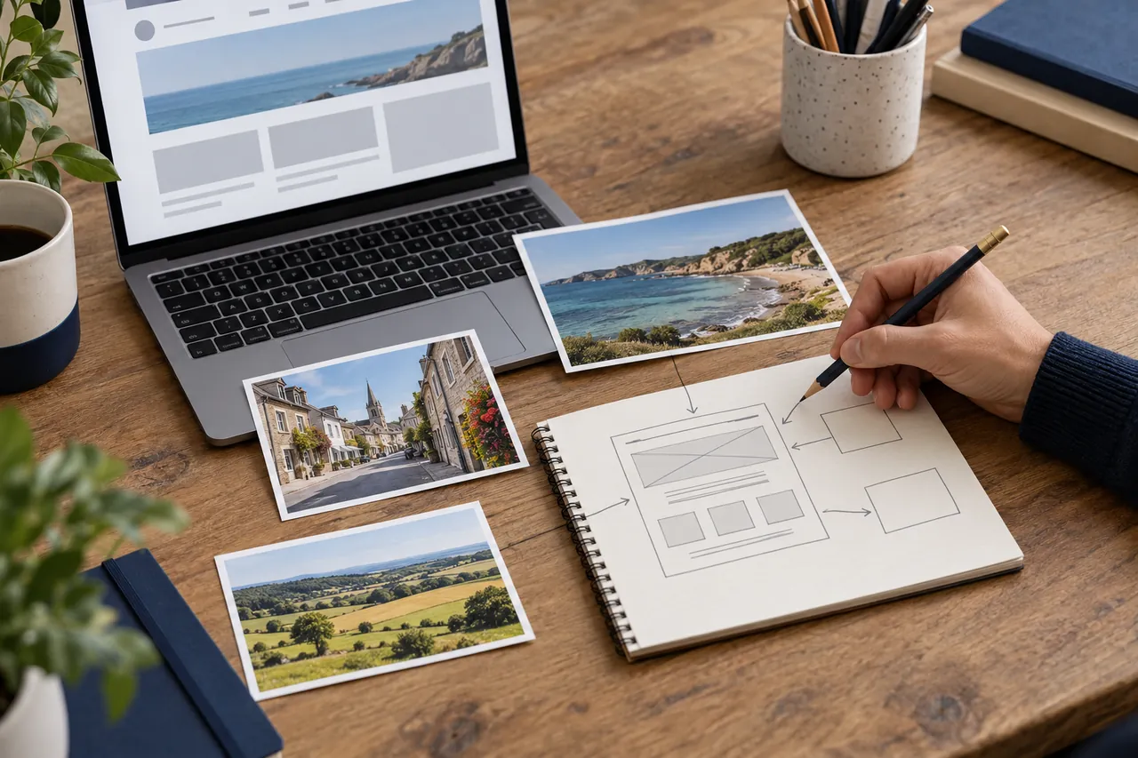 Illustration IA : préparation d’une page web à partir de photographies de paysages et d’une maquette sur papier